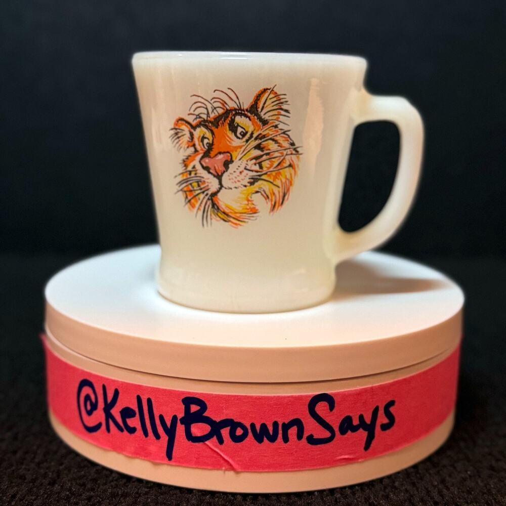 2 Vintage Fire-King Milk Glass Mug | Cartoon Tiger Face | Anchor Hocking USA